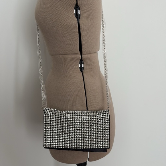 Amber Sceats Womens Purse Rhinestones Silver Black Satin Clutch Crossbody Bling - Picture 2 of 9